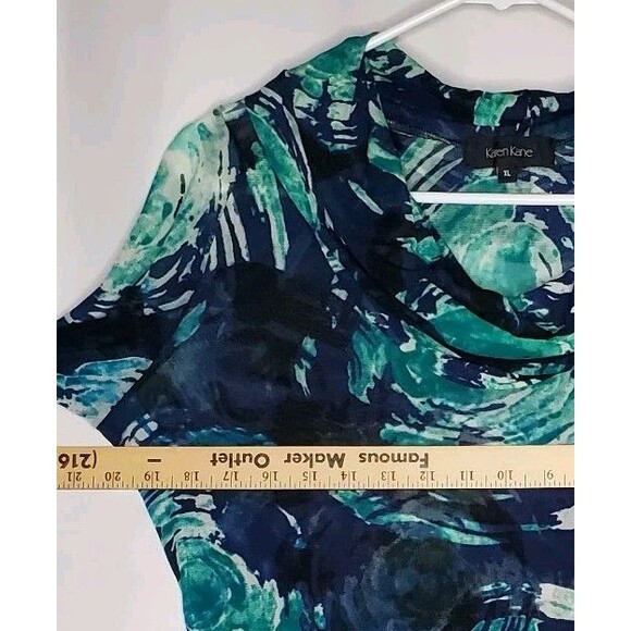 Karen Kane Mesh Top Womens XL Cowl Neck Long Sleeve Green Blue Floral Vtg Y2K - Picture 4 of 7